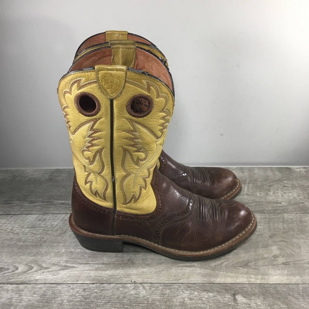 Womens Ariat 29325 Yellow Brown Leather Western Cowboy Buckaroo Boots Size 8.5